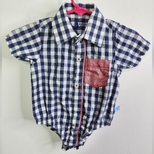 Navy & White Checkered Baby Romper with Red Pocket, 6-12m